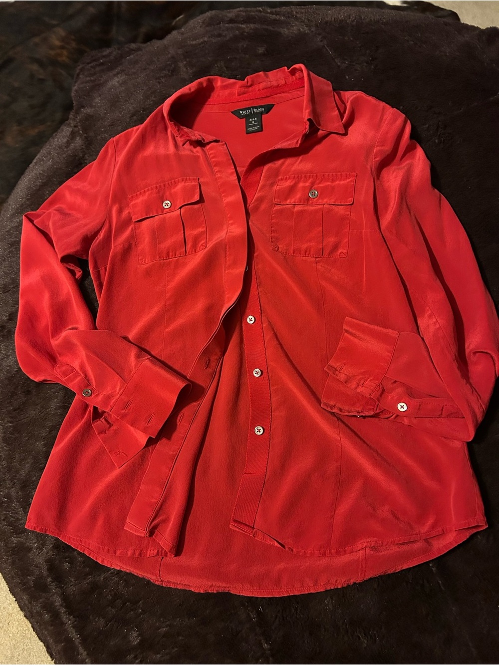 White House Black Market Red Long-Sleeve Button Front Silk Blouse